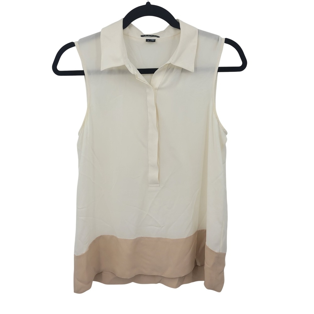 Theory Quiet Luxury Banca C Silk Sleeveless Colorblock Blouse Ivory Beige Sz S